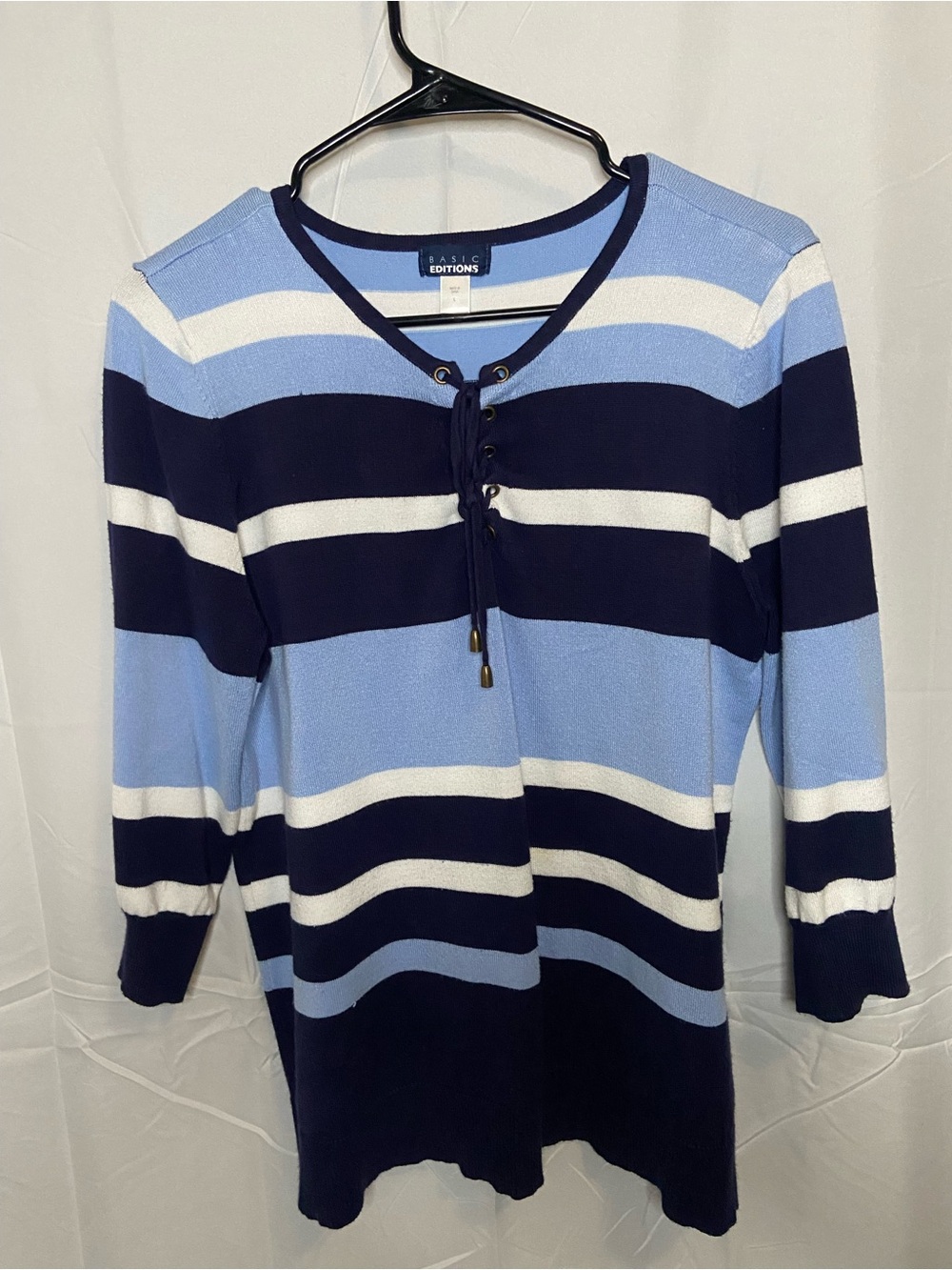 Basic Editions Striped Lace-Up Crew Sweater - Light Blue, Navy & White